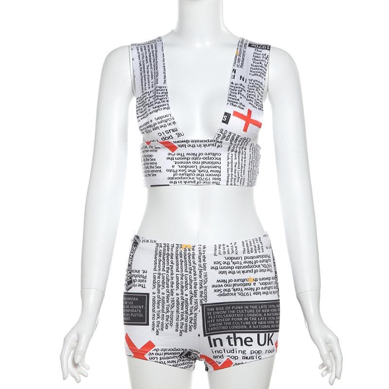 Fall Fashion Statement: Newsprint Graphic Deep V Crop Top & Bodycon Shorts Set for Women
