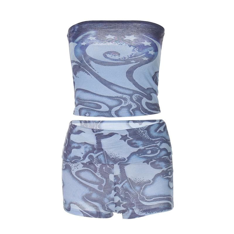 Y2K Celestial Swirl Tube Top & Shorts Set - Trendy Fall Transition Co-ord