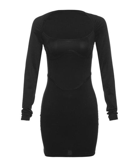 Fiery Orange Corset Detail Bodycon Mini Dress | Square Neck Long Sleeve Fall Party Essential