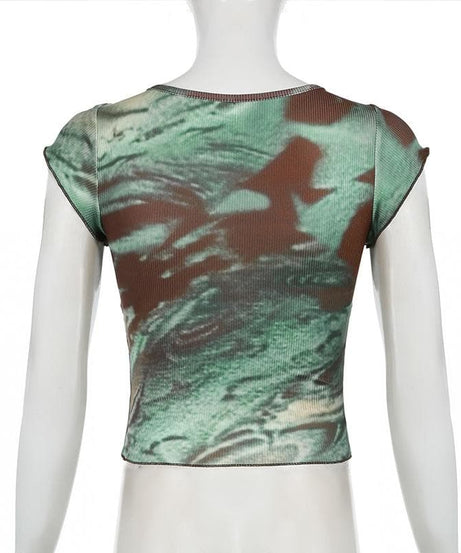 Effortless Fall Chic: Earthy Swirl Ribbed Knit V-Neck Cap Sleeve Top