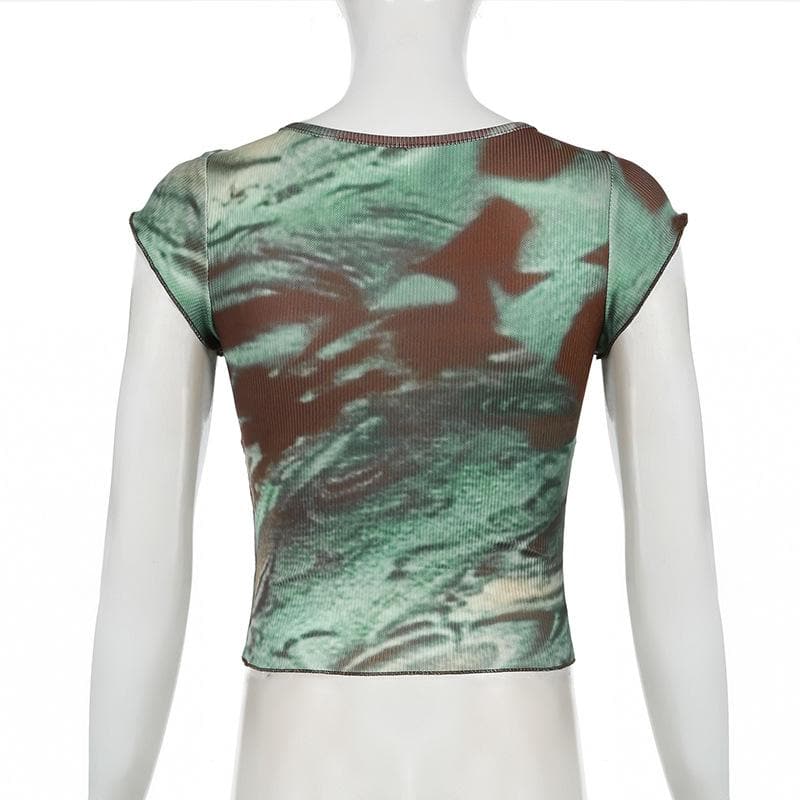 Effortless Fall Chic: Earthy Swirl Ribbed Knit V-Neck Cap Sleeve Top