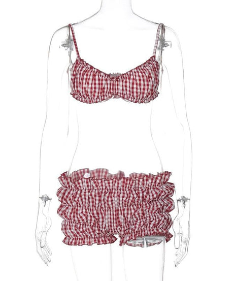 Sweetheart Gingham Smocked Cami & Ruffle Shorts Set - Cozy American Loungewear