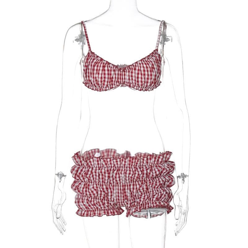 Sweetheart Gingham Smocked Cami & Ruffle Shorts Set - Cozy American Loungewear