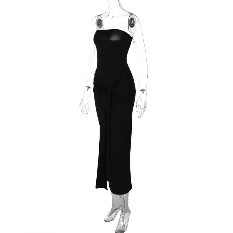 Chic Black Strapless Ruched Knot-Front Maxi Dress | Fall & Holiday Glamour