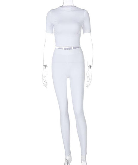 Crisp White Athleisure Set: Short Sleeve Crop Top & High-Waisted Leggings for Fall