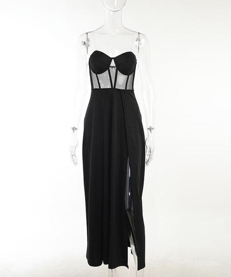 Glamorous Black Mesh Corset Maxi Dress with Dual High Slits - Fall & Holiday Party Ready