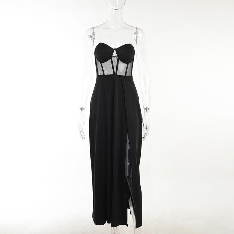 Glamorous Black Mesh Corset Maxi Dress with Dual High Slits - Fall & Holiday Party Ready