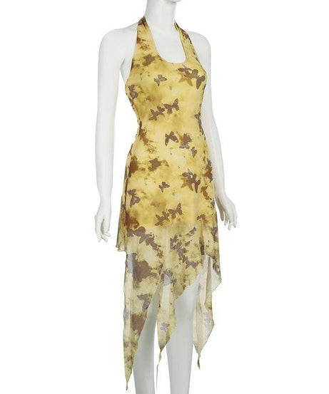 Whimsical Butterfly Halter Midi Dress | Boho Fairycore Asymmetrical Ruffle for Fall Getaways