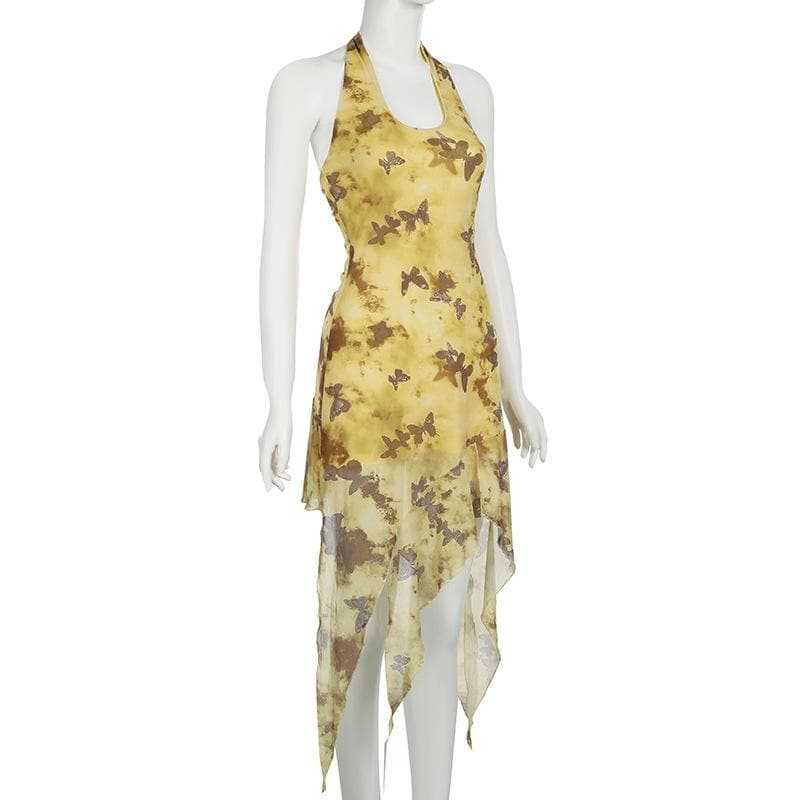 Whimsical Butterfly Halter Midi Dress | Boho Fairycore Asymmetrical Ruffle for Fall Getaways