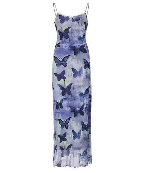 Dreamy Periwinkle Butterfly Mesh Maxi Dress with Lace Trim - Effortless Fall Style