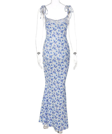 Chic Blue Floral Tie-Shoulder Maxi Dress - Elegant Mermaid Hem for Fall Events & Tropical Getaways