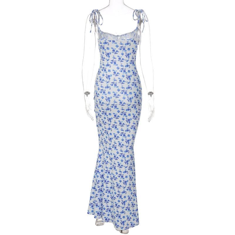 Chic Blue Floral Tie-Shoulder Maxi Dress - Elegant Mermaid Hem for Fall Events & Tropical Getaways