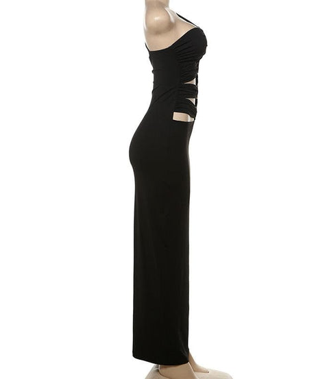 Slay the Season: Black One-Shoulder Ruched Bodycon Maxi Dress with Metallic Accents - Fall & Holiday Ready