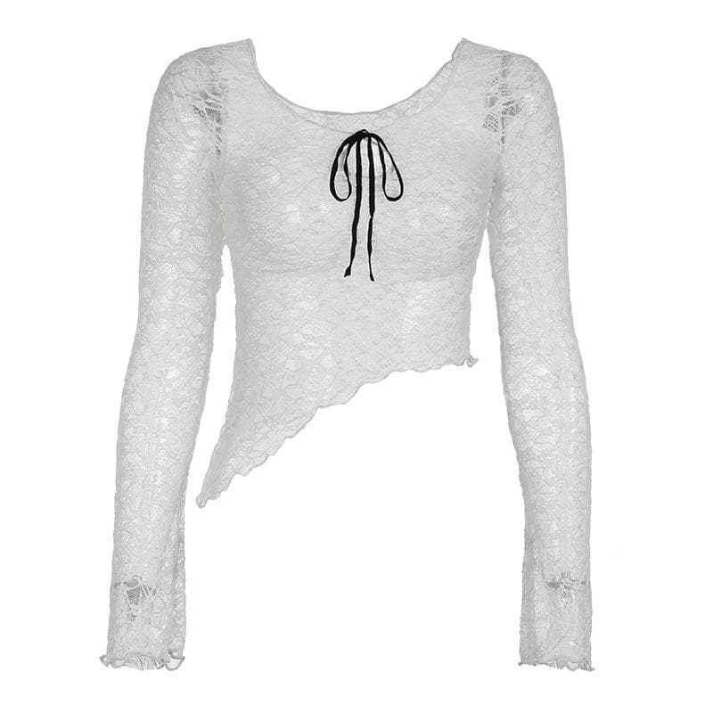 Romantic Lace Bow Front Asymmetrical Bell Sleeve Top - Fall's Must-Have Sheer Layer