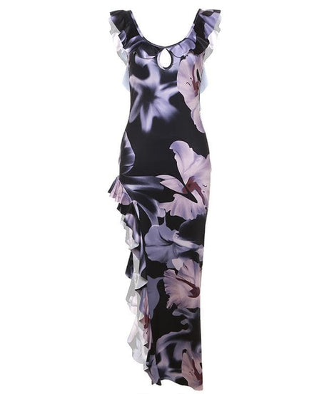 Midnight Bloom Ruffle Maxi Dress | Keyhole, Slit & Backless for Fall & Holiday Glamour