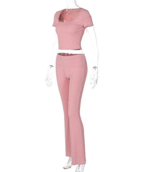 Blush Pink U-Neck Crop Top & Flared Pants Set: Cozy Chic for Fall Comfort & Athleisure