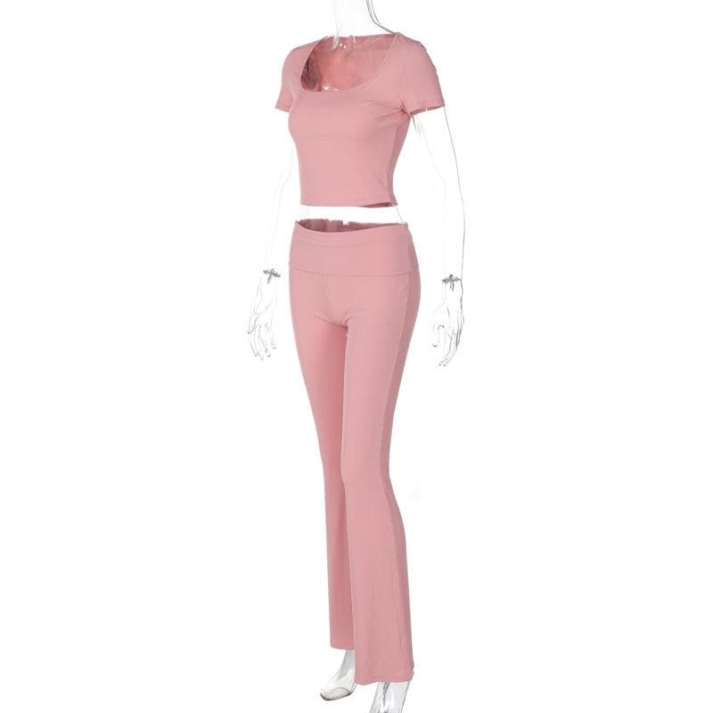 Blush Pink U-Neck Crop Top & Flared Pants Set: Cozy Chic for Fall Comfort & Athleisure