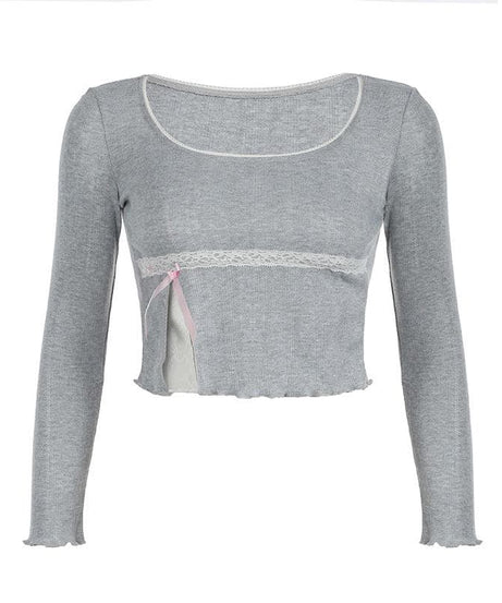 Y2K Coquette Ribbed Long Sleeve Crop Top - Autumn Lace Trim & Bow Accent Tee