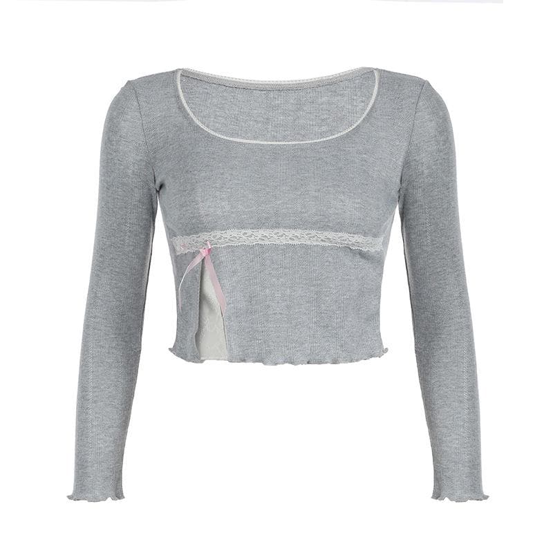 Y2K Coquette Ribbed Long Sleeve Crop Top - Autumn Lace Trim & Bow Accent Tee