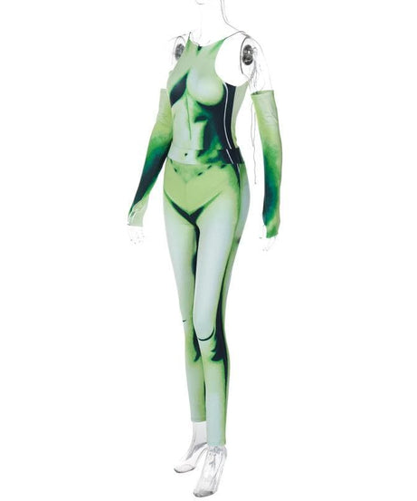 Alien Goddess Green Illusion Jumpsuit Set - Backless Bodysuit & Cold Shoulder Rave Pants