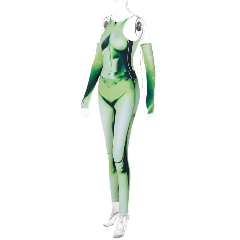 Alien Goddess Green Illusion Jumpsuit Set - Backless Bodysuit & Cold Shoulder Rave Pants