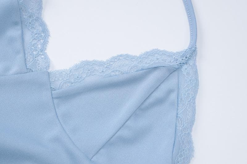 Y2K Dreamy Baby Blue Lace Halter Crop & Flare Pant Set | Cozy Chic Loungewear