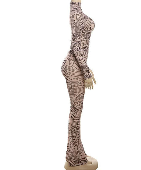 Fall Vibes Swirl Print Bodycon Set - High Neck Long Sleeve & Flared Pants