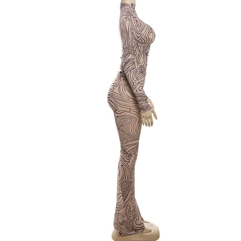 Fall Vibes Swirl Print Bodycon Set - High Neck Long Sleeve & Flared Pants