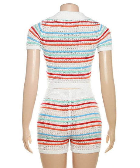 Coastal Chic Striped Crochet Knit Two-Piece Short Set – Your Go-To for Fall Getaways & Sunny Escapes