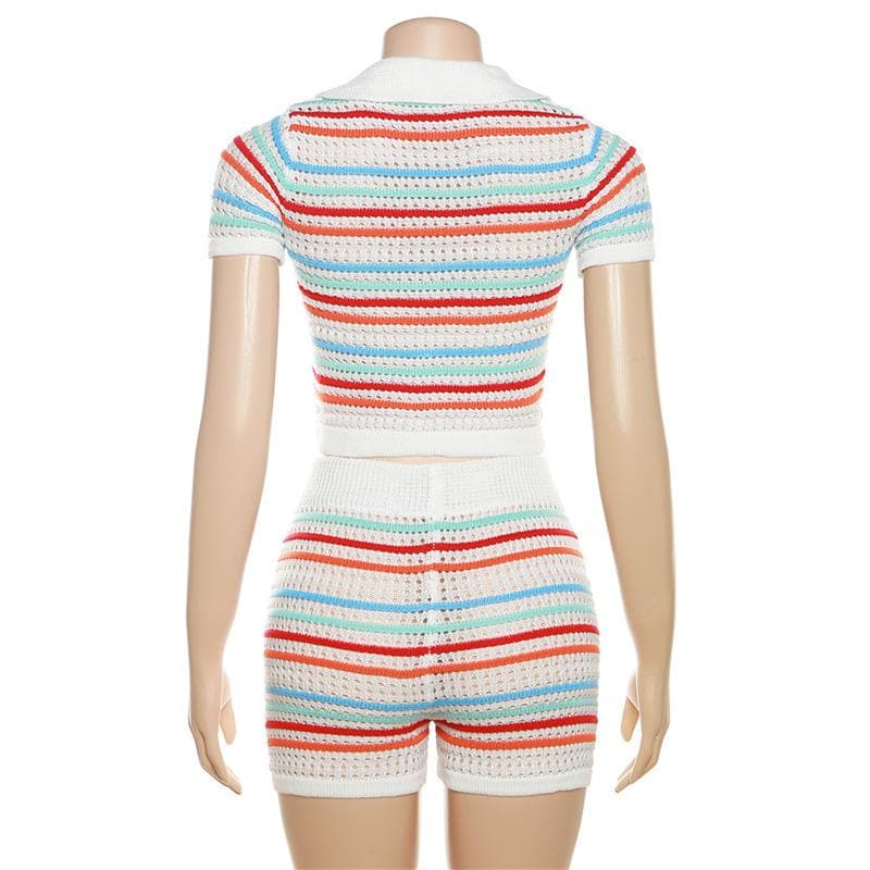 Coastal Chic Striped Crochet Knit Two-Piece Short Set – Your Go-To for Fall Getaways & Sunny Escapes