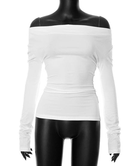 Chic & Cozy White Off-Shoulder Ruched Long Sleeve Top – Your Essential Fall Style