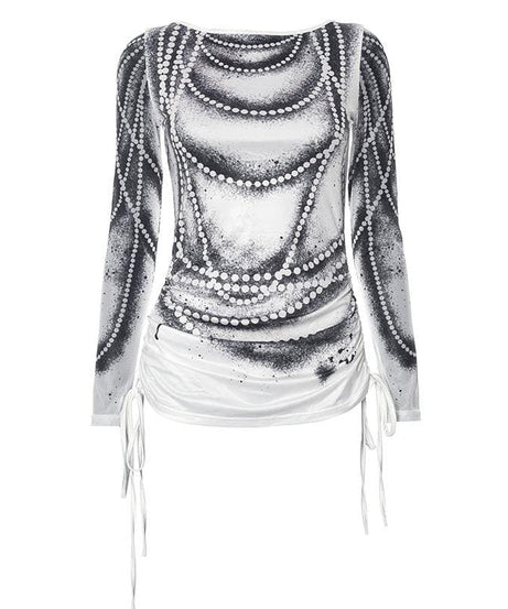 Dazzling Pearl Illusion Mesh Long Sleeve Top - Chic Drawstring Style for Fall & Holiday