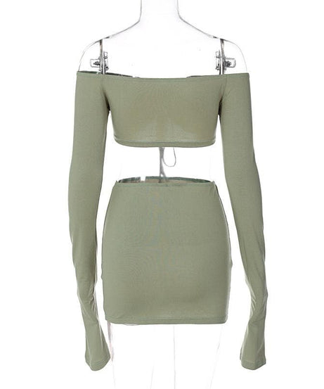 Fall Night Out Ready: Chic Off-Shoulder Cut-Out Mini Skirt Set with Drawstring Detail