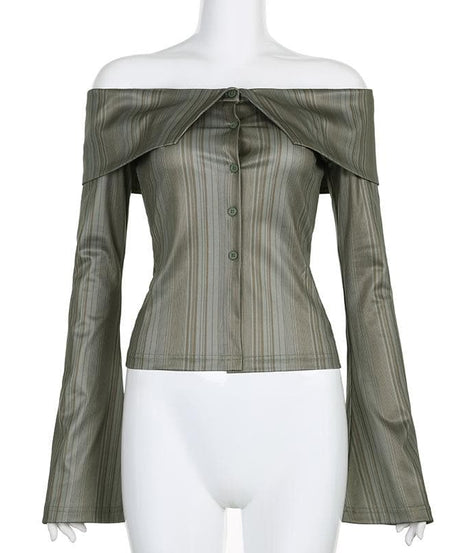 Elevated Fall Chic: Striped Off-Shoulder Button-Front Bell Sleeve Top