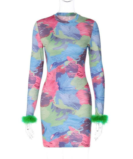 Show-Stopping Feather-Cuff Mini Dress | Vibrant Abstract Print Bodycon for Fall Parties & Holiday Fun