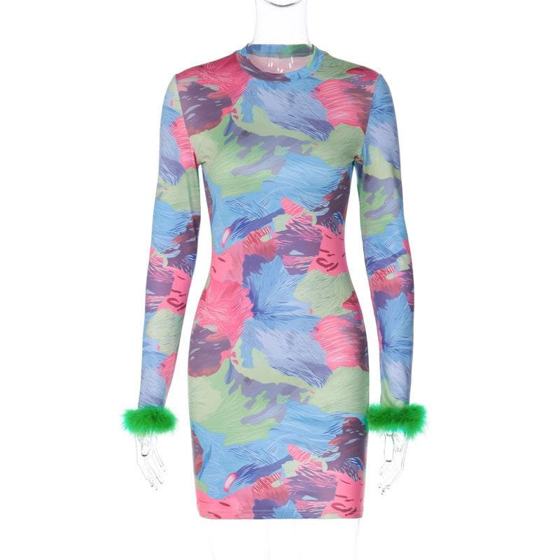 Show-Stopping Feather-Cuff Mini Dress | Vibrant Abstract Print Bodycon for Fall Parties & Holiday Fun