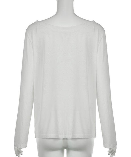 Y2K Coquette Sheer Knit Top - Off-Shoulder Graphic Long Sleeve for Fall