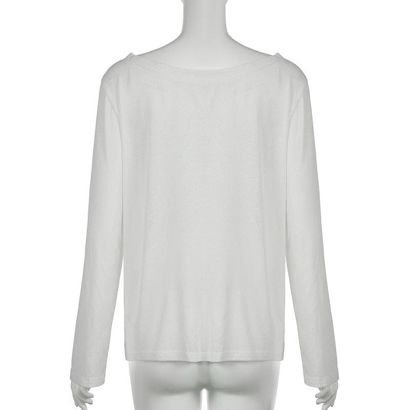 Y2K Coquette Sheer Knit Top - Off-Shoulder Graphic Long Sleeve for Fall