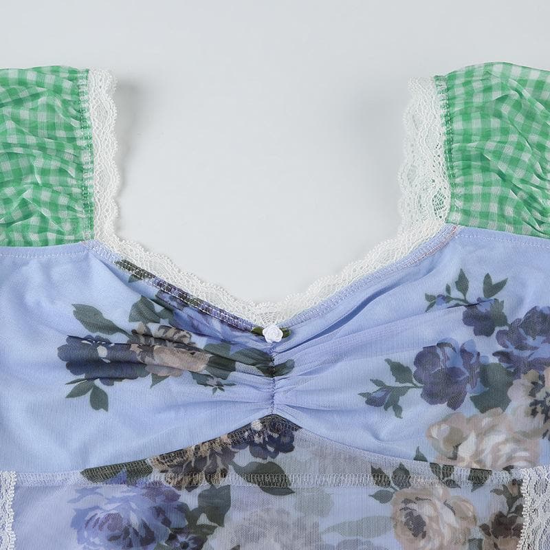Autumn Bloom Floral Mesh & Gingham Sweetheart Top - Y2K Layering Cami