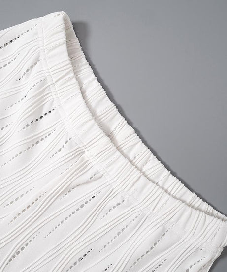 Effortless White Knit Resort Set: Chic High Neck Crop Top & Flared Pants for Your Fall/Winter Getaway