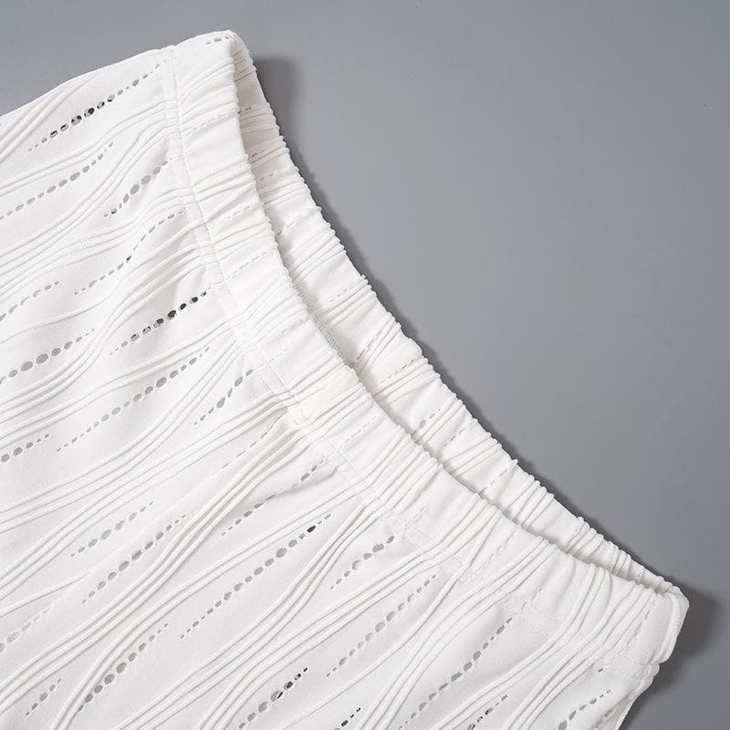 Effortless White Knit Resort Set: Chic High Neck Crop Top & Flared Pants for Your Fall/Winter Getaway