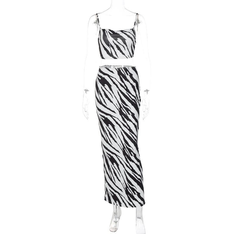 Wild Style Zebra Print Crop Top & Maxi Skirt Set - Chic Two-Piece Fall Outfit