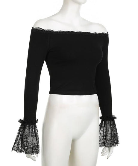 Chic Black Lace Off-Shoulder Crop Top | Bell Sleeves for Fall & Halloween