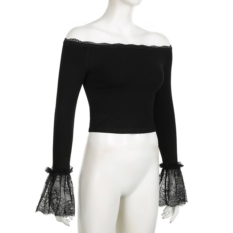 Chic Black Lace Off-Shoulder Crop Top | Bell Sleeves for Fall & Halloween