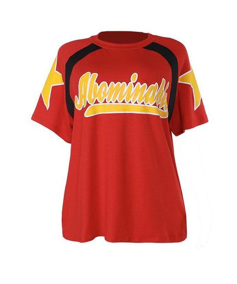 Retro Sporty Red Graphic Tee for Women | Oversized Fall Comfort with Yellow Stars