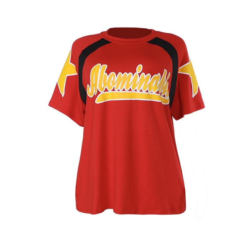 Retro Sporty Red Graphic Tee for Women | Oversized Fall Comfort with Yellow Stars