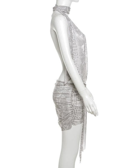 Unleash Your Fierce: Snakeskin Halter Ruched Mini Dress – Perfect for Halloween & Fall Nights Out