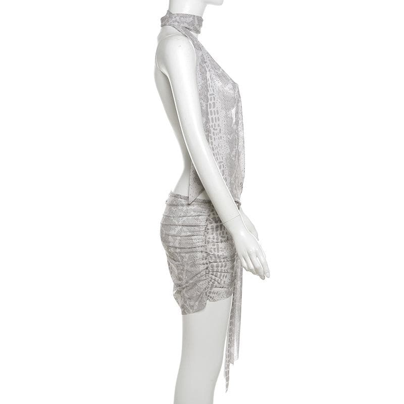 Unleash Your Fierce: Snakeskin Halter Ruched Mini Dress – Perfect for Halloween & Fall Nights Out