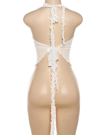 Y2K Inspired Sheer Ruffle Halter Crop Top - Flirty V-Neck Mesh Top for Fall Nights & Vacations