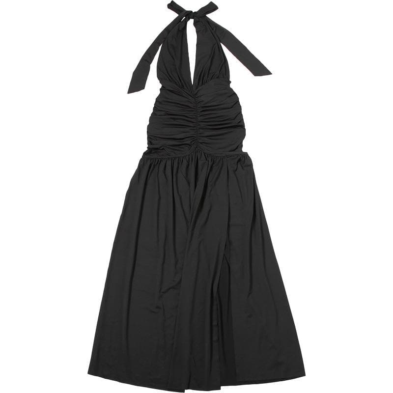 Alluring Black Halter V-Neck Ruched Backless Maxi Dress - Your Fall & Holiday Party Statement